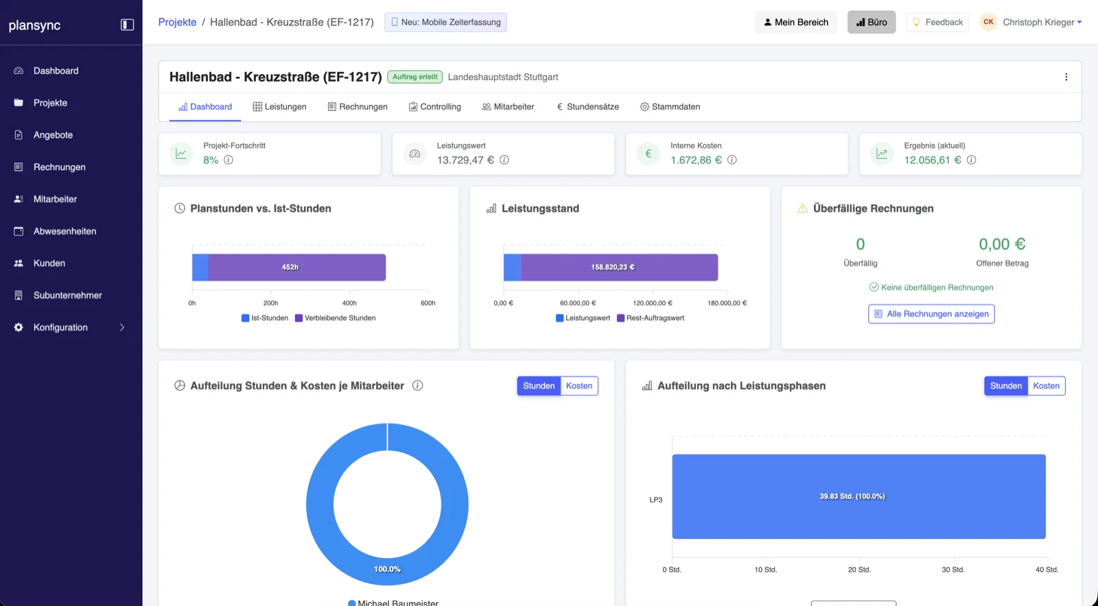 plansync Projektübersicht: Intuitives Dashboard für kleine und mittelgroße Architekturbüros