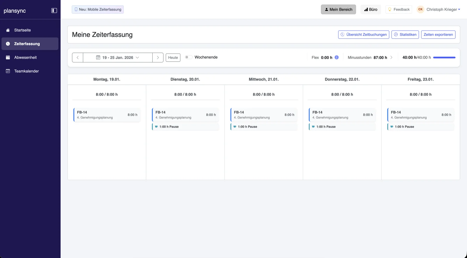 plansync Zeiterfassung: Wochenübersicht mit Projektbuchungen als Grundlage für die HOAI-Rechnung