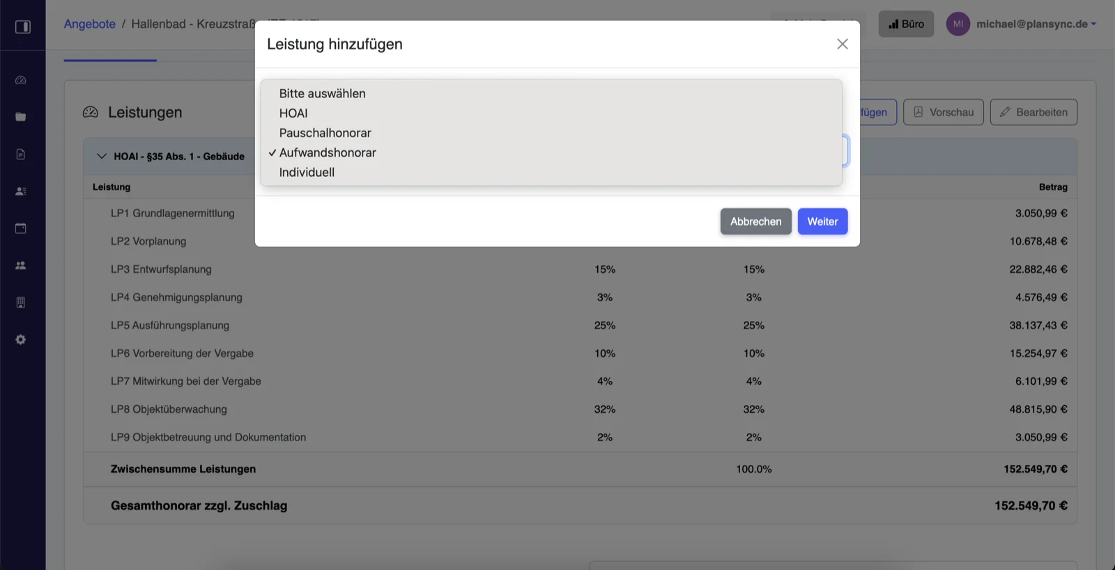 plansync Leistungsauswahl im Angebot: HOAI-Honorar, Pauschalhonorar, Aufwandshonorar und individuelle Leistungen lassen sich im selben Dokument kombinieren