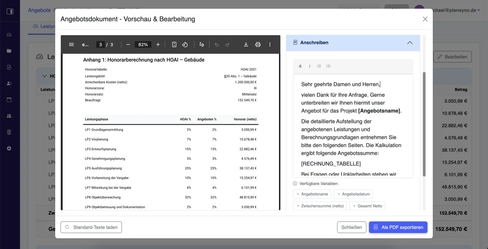 plansync Angebotsdokument-Vorschau: Anschreiben an den Auftraggeber und Anhang mit HOAI-Honorarberechnung nach Leistungsphasen, exportierbar als prüffähige PDF