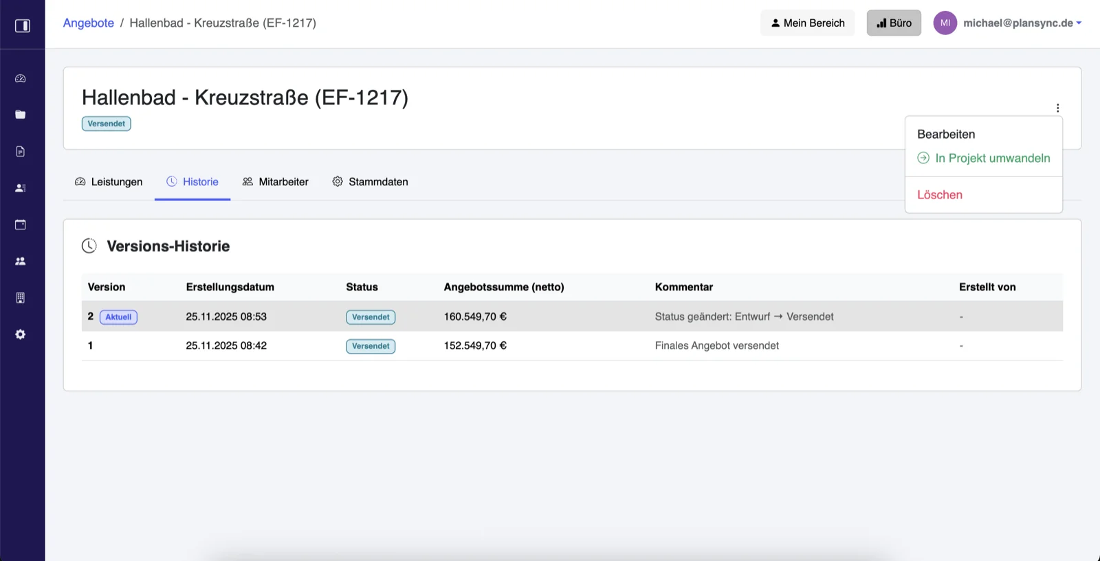 plansync Angebot in Projekt umwandeln: Versionierte Honorarangebote mit nahtlosem Übergang in das laufende Projektcontrolling – ohne Doppelerfassung
